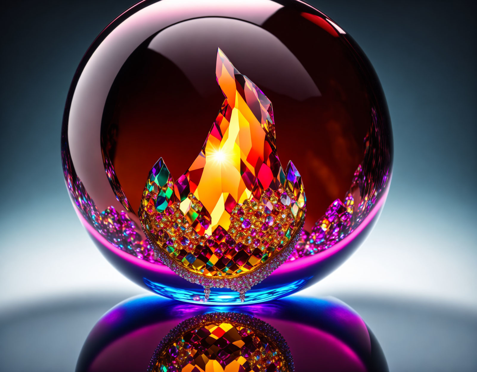 Colorful Crystal Flame in Transparent Orb with Sparkling Reflections