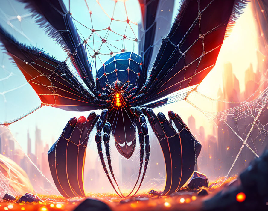 Intricately detailed futuristic spider robot weaving web in neon-lit city