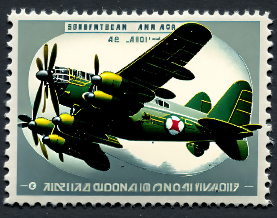 Vintage postage stamp with green military airplane and four propellers flying over cloudy landscape