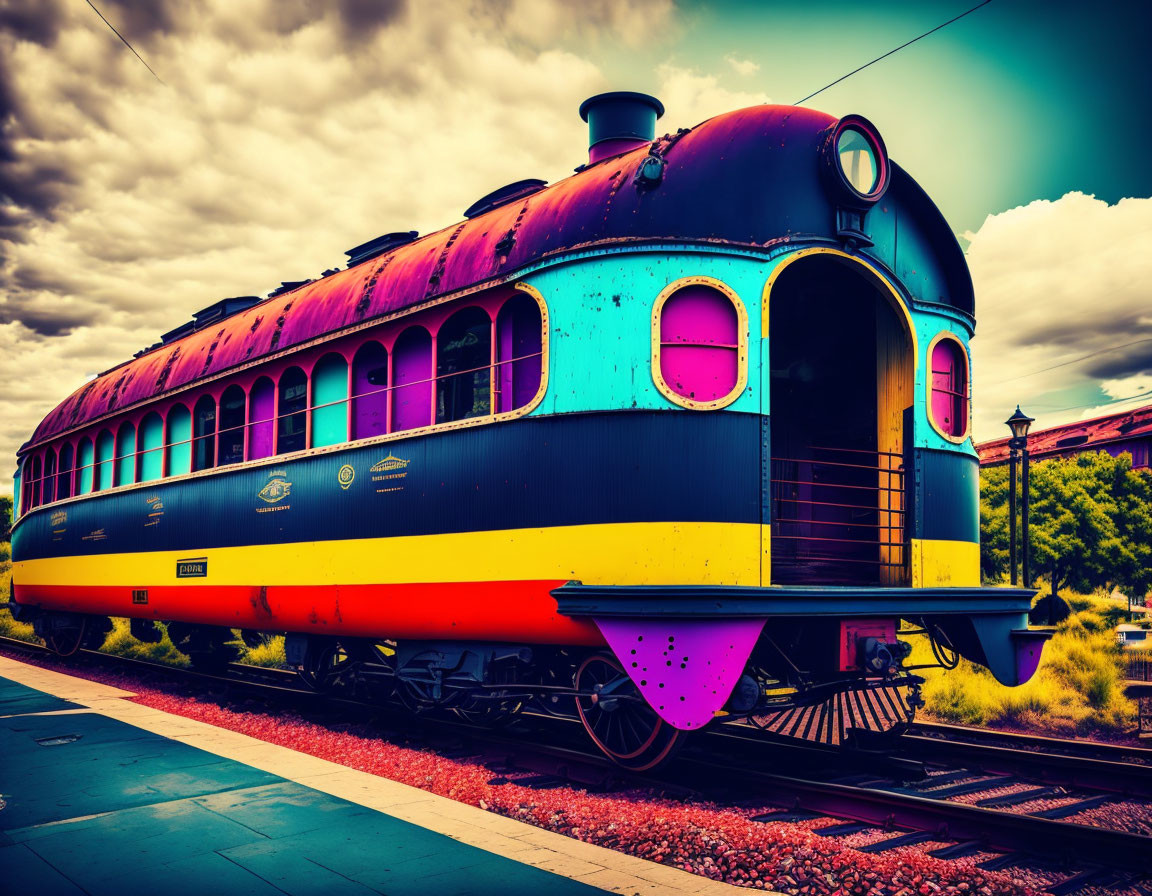 Vintage Train with Multicolored Paint on Tracks under Cloudy Sky