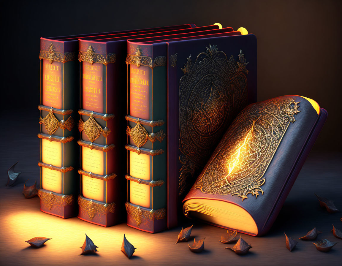 Ornate leather-bound books with gold detailing on wooden surface