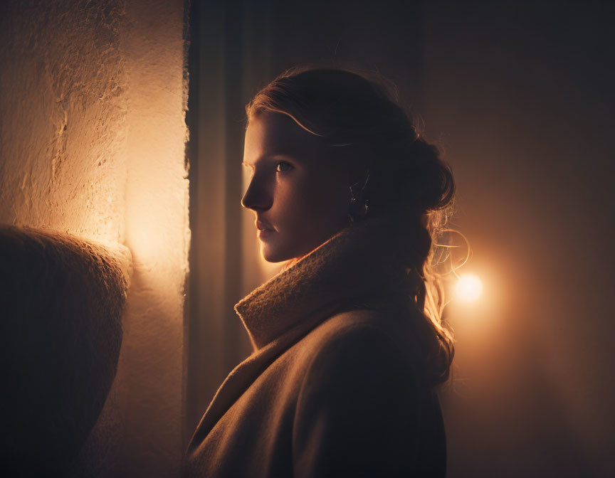 Woman in dimly lit space with soft glow illuminating her profile