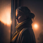 Woman in dimly lit space with soft glow illuminating her profile