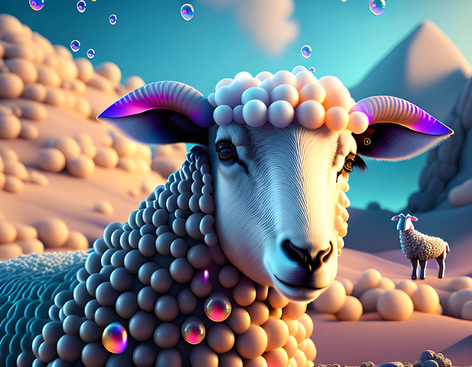 Surreal image: Stylized sheep with bubbles in desert landscape