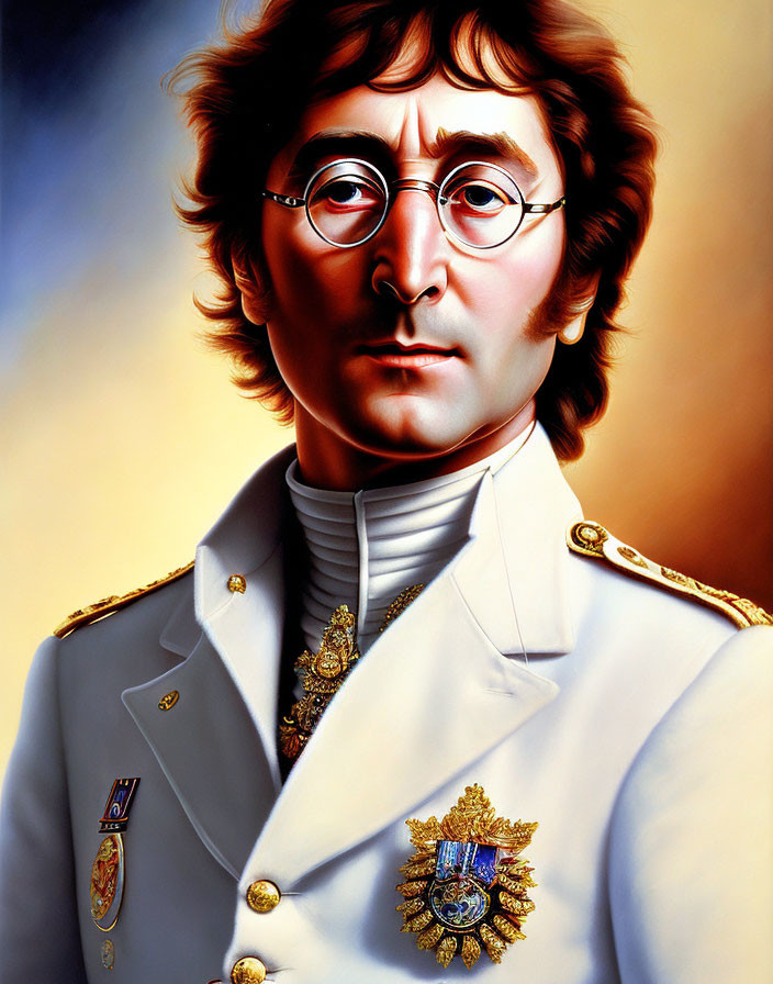 Man with Round Glasses & Shoulder-Length Hair in White Military Jacket with Medals & Badges