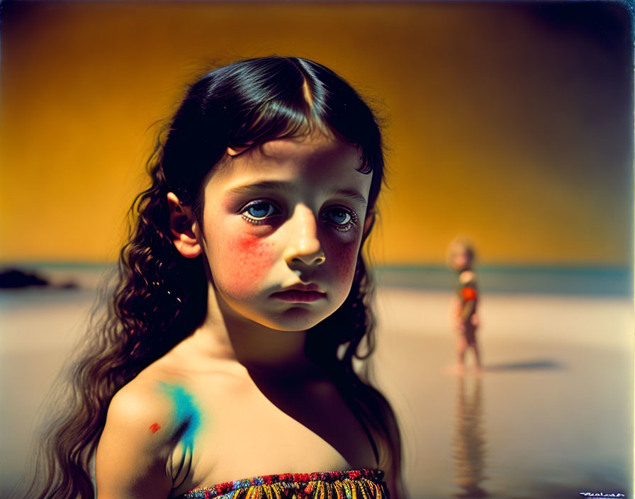 Young girl with curly hair and rosy cheeks against yellowish background.