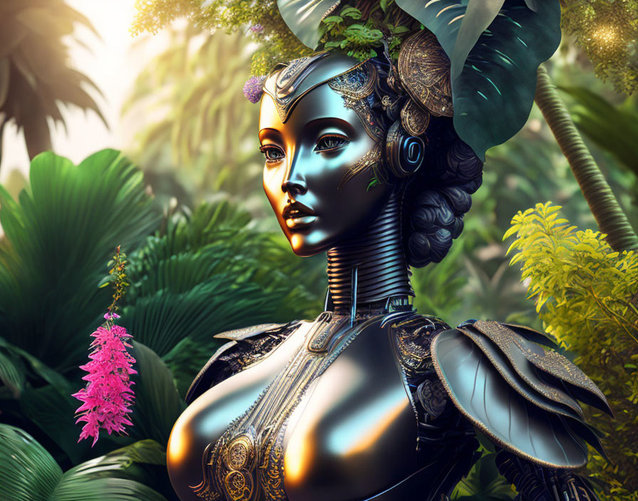 Futuristic robotic woman with intricate headgear in lush greenery.