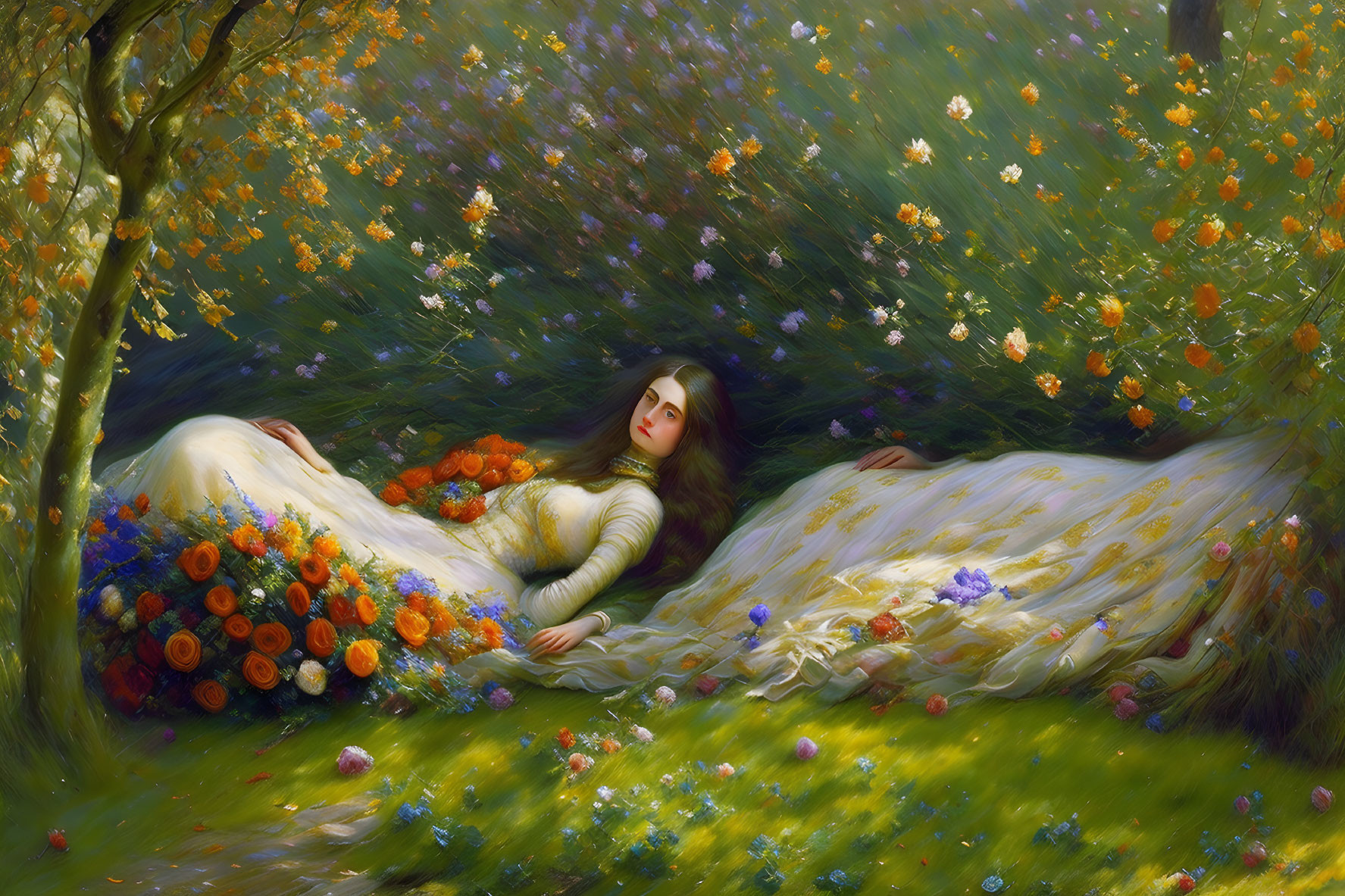 Woman in Yellow Dress Relaxing in Lush Meadow with Vibrant Flowers