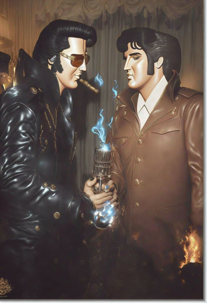 Two Elvis Presley impersonators in colorful costumes with microphone and cigar.