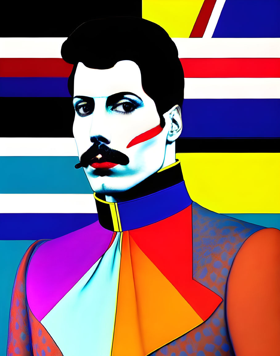 Vibrant male figure with mustache and face paint on striped backdrop