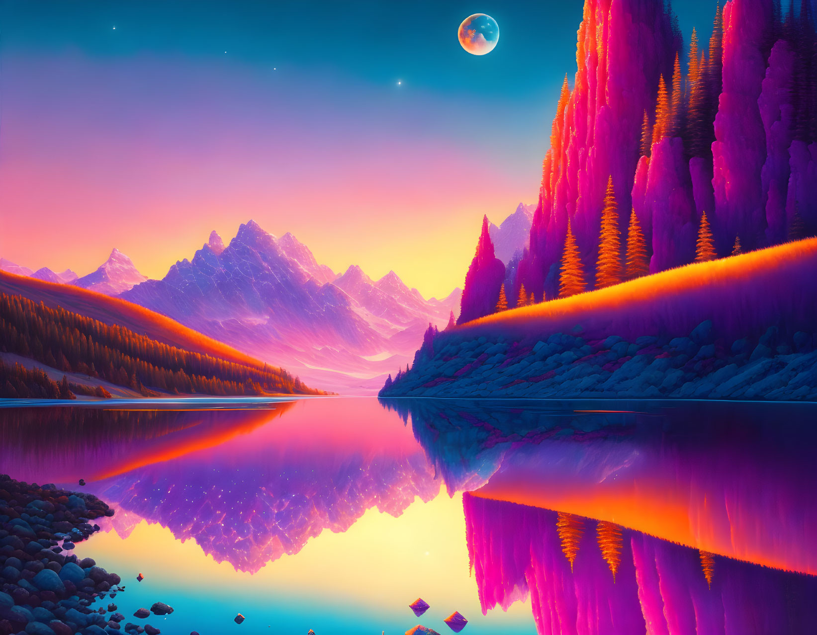 Surreal landscape with pink and orange trees, reflective lake, mountains, starry sky.