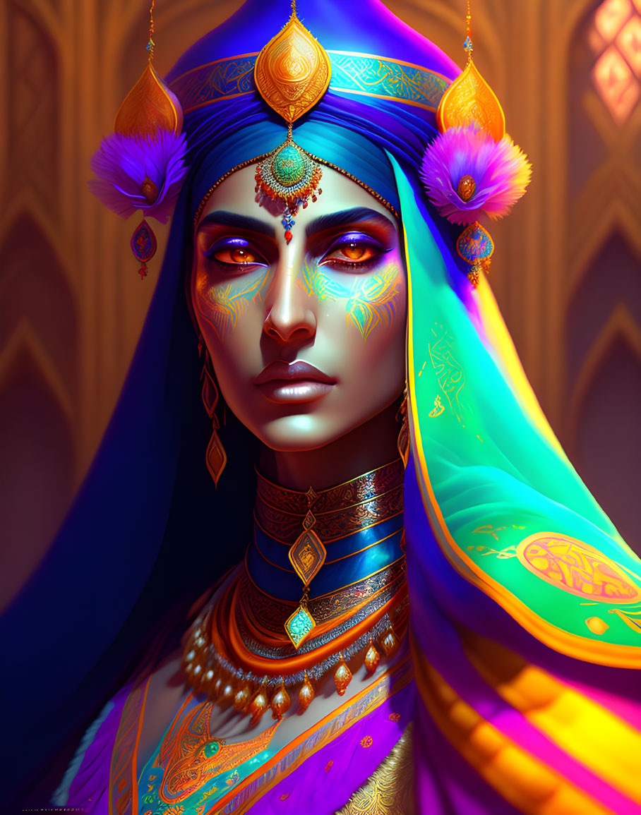 Colorful Illustration of Woman with Blue Skin and Ornate Jewelry on Purple Background