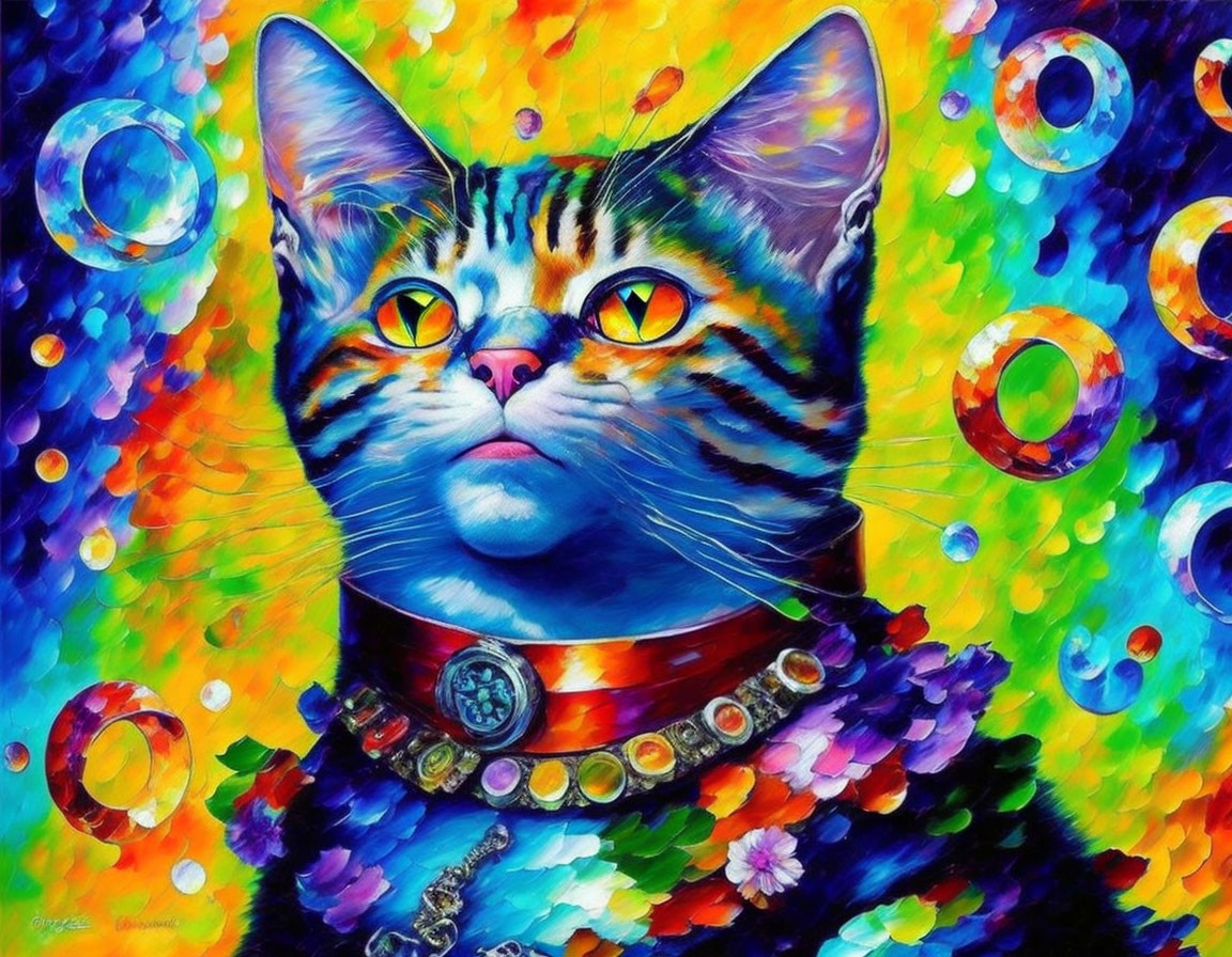 Colorful Cat Illustration with Multicolored Fur and Yellow Eyes