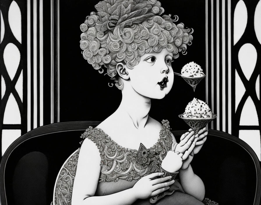 Monochrome child with curly hair holding ice cream cone on patterned backdrop