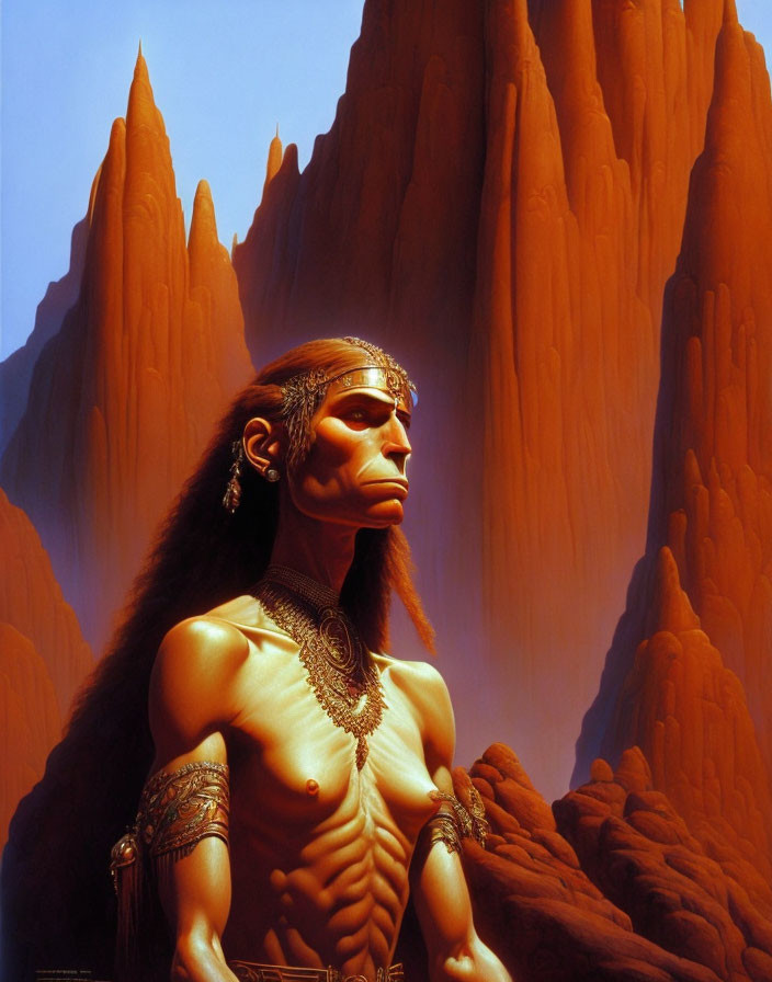 Tribal adorned figure against towering red rocks