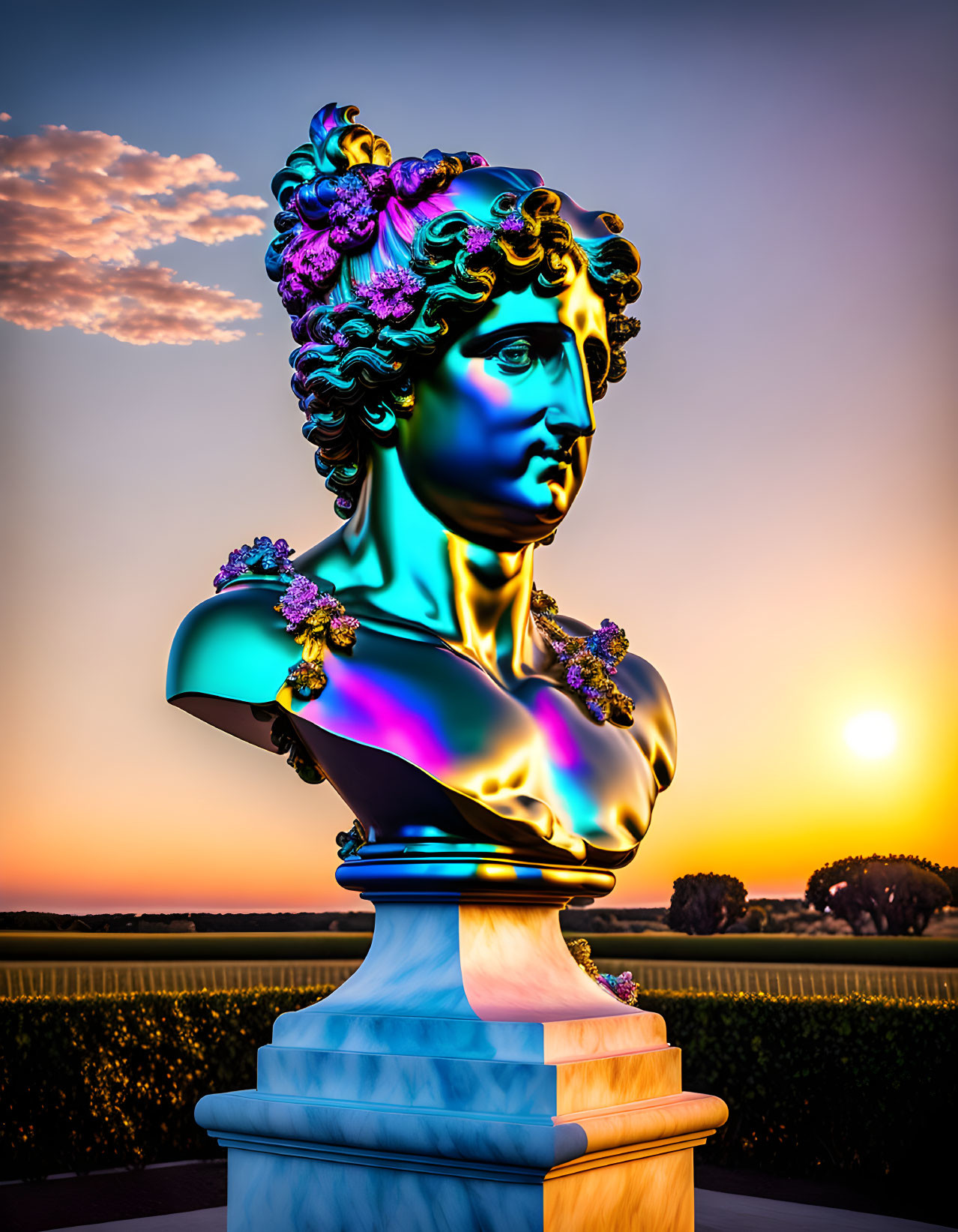 Colorful classical bust with floral adornments against sunset sky