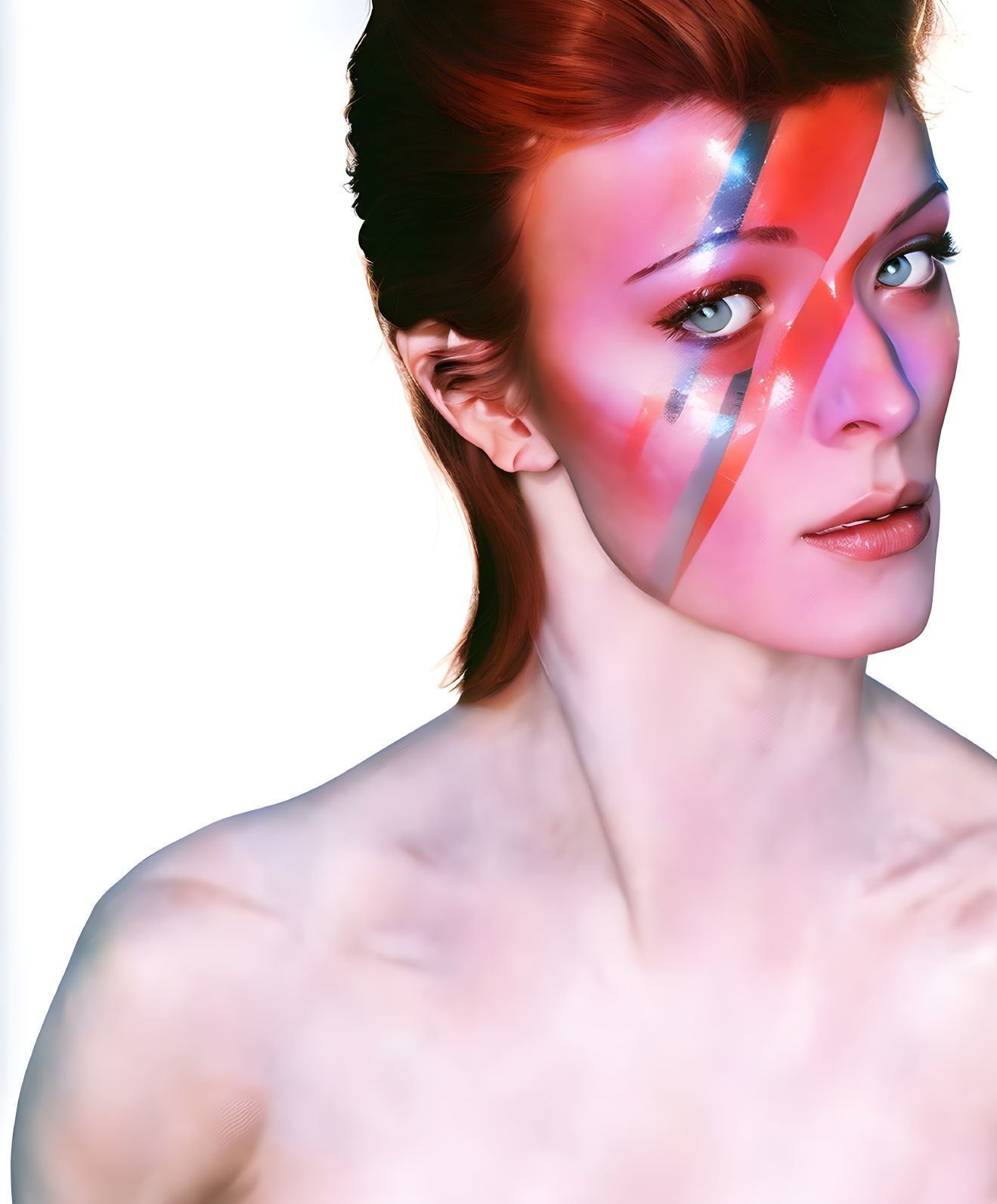 Vibrant digital artwork of a woman with blue and red face-paint.