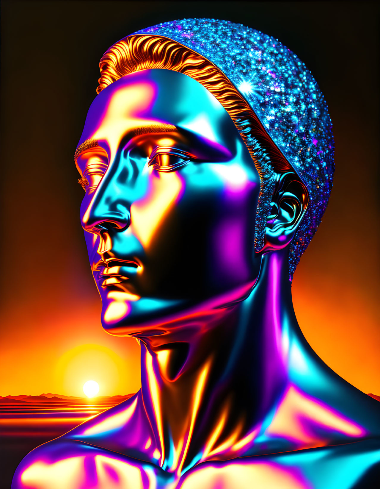 Iridescent Human Bust Artwork with Sparkling Effect