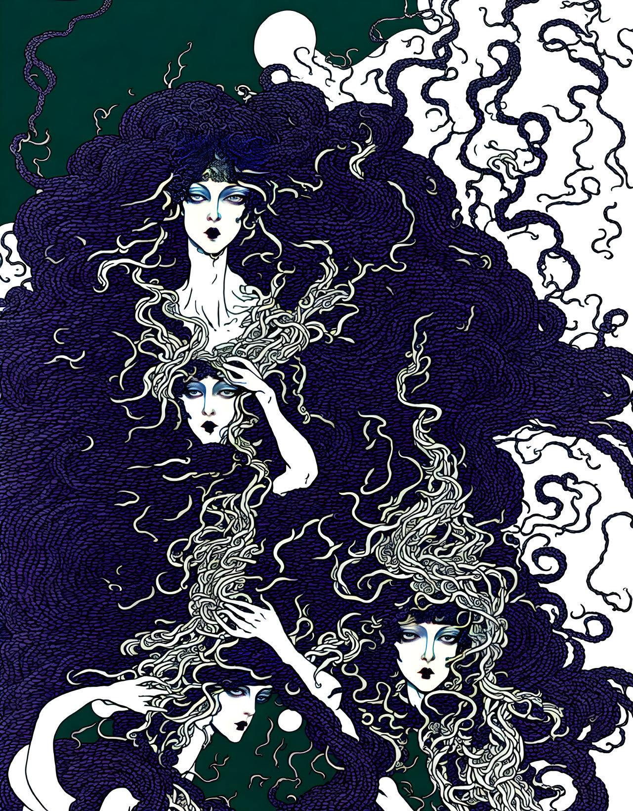 Stylized women with flowing hair in dark hues and teal accents