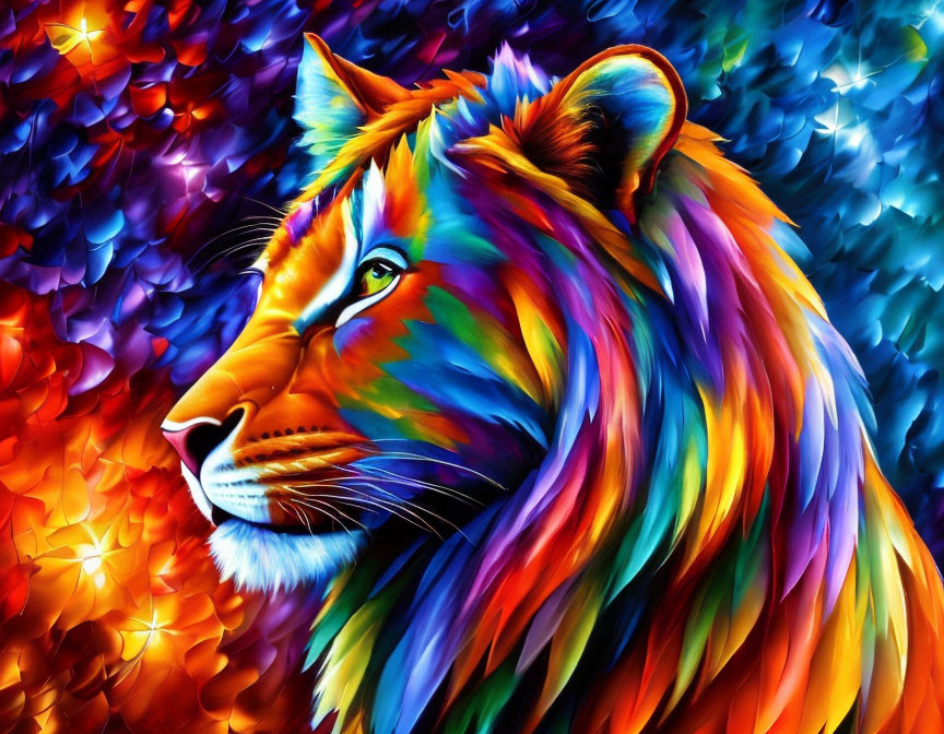 Colorful Lion Head Artwork with Rainbow Palette & Star-like Patterns