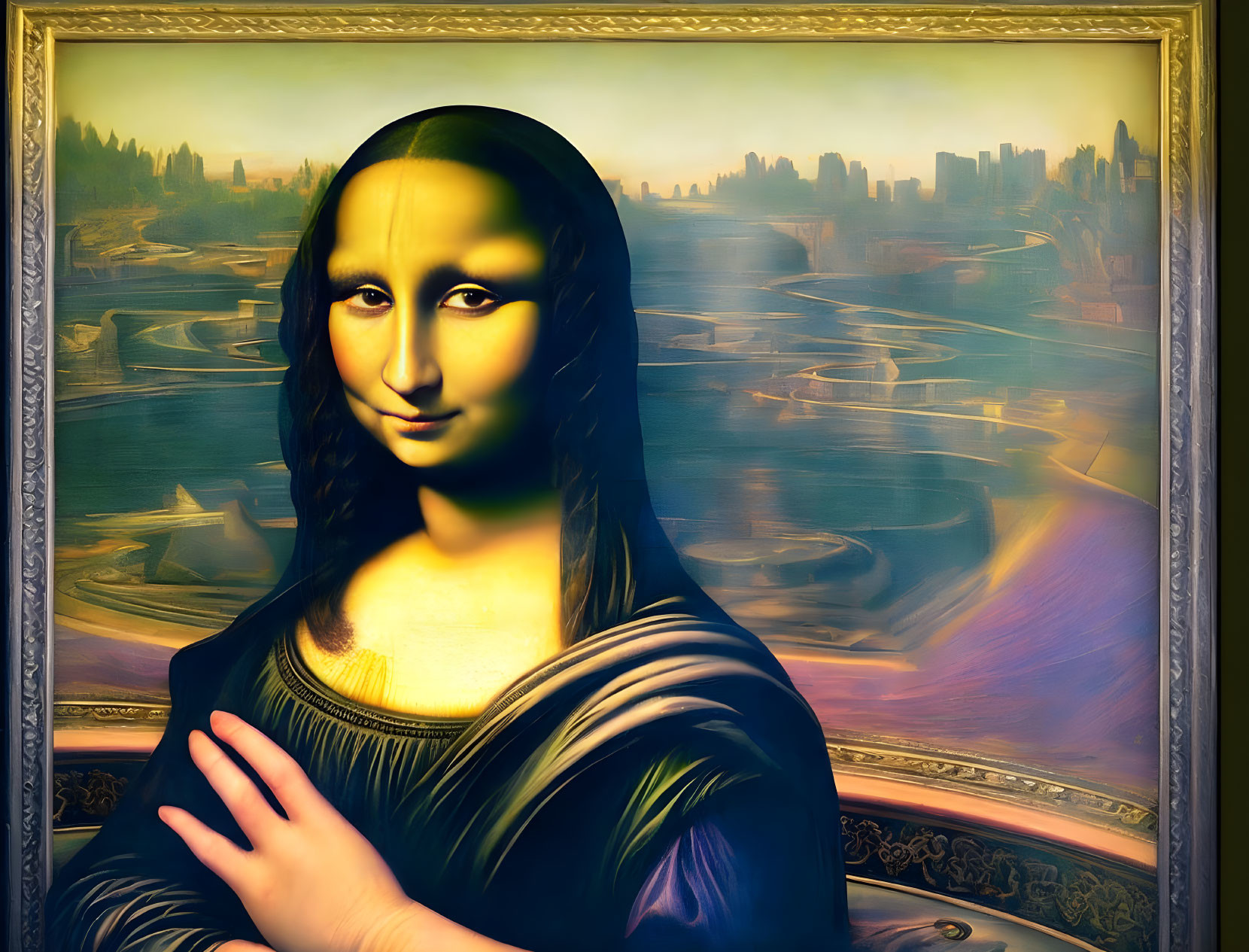 Stylized digital artwork: Mona Lisa with modern surreal landscape