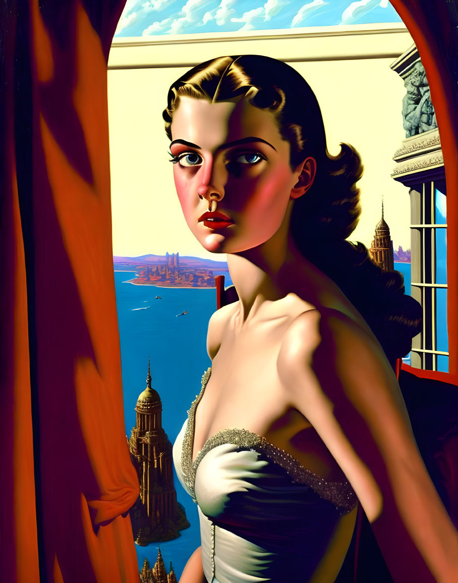 Stylized painting of glamorous woman by a window with cityscape backdrop