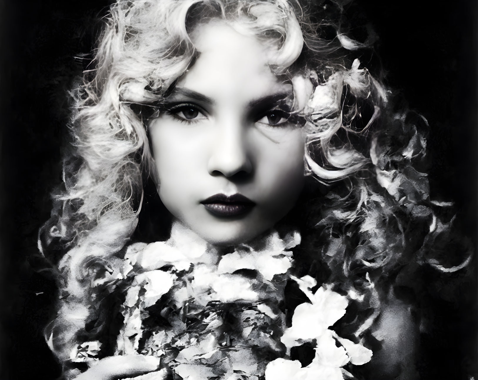 Monochrome image: person with curly hair, bold lips, holding delicate flowers