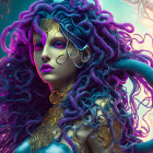 Stylized women with flowing hair in dark hues and teal accents