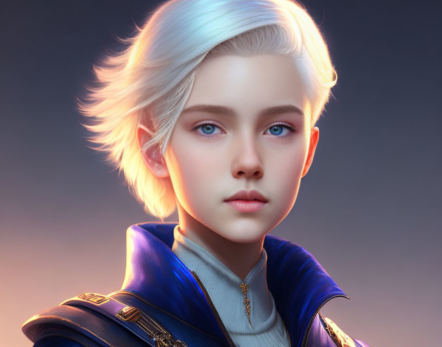 Digital artwork featuring young individual with blue eyes and white hair in blue and gold attire