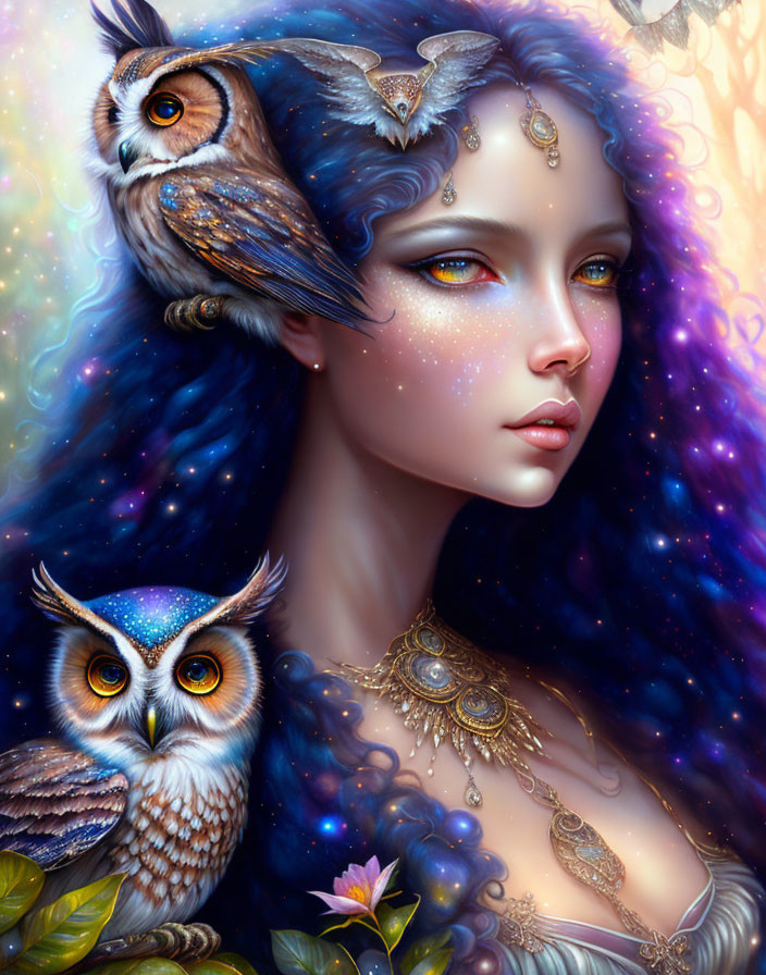 Fantasy illustration of woman with blue hair, owls, cosmic and floral elements