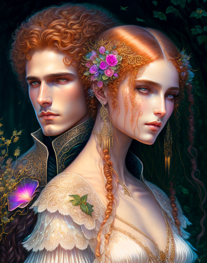 Ethereal male and female couple in nature-inspired attire amid lush green foliage