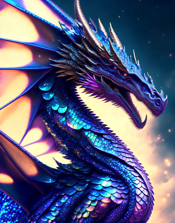 Blue dragon with iridescent scales against starry background.