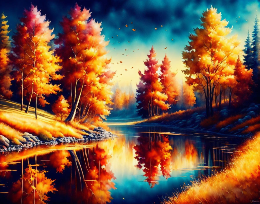 Colorful Autumn Landscape with River and Trees