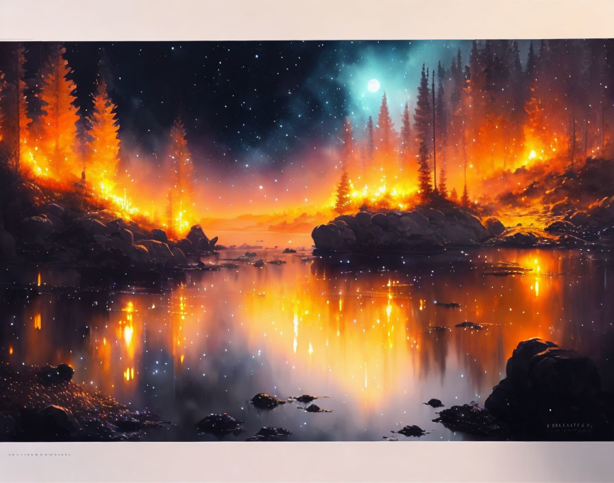 Tranquil night landscape: starry sky reflected in calm lake, forest with warm glowing lights.