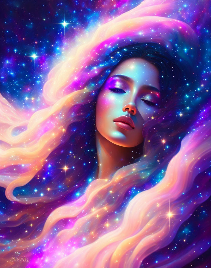 Digital Artwork: Woman with Galaxy-Themed Hair and Cosmic Colors