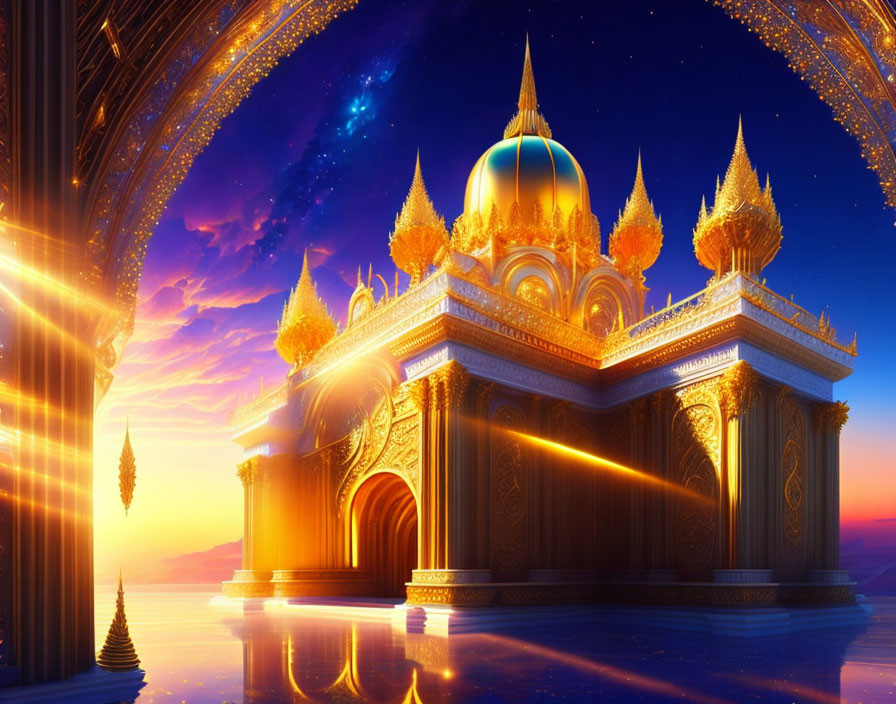 Golden palace under twilight sky with stars and ethereal lights