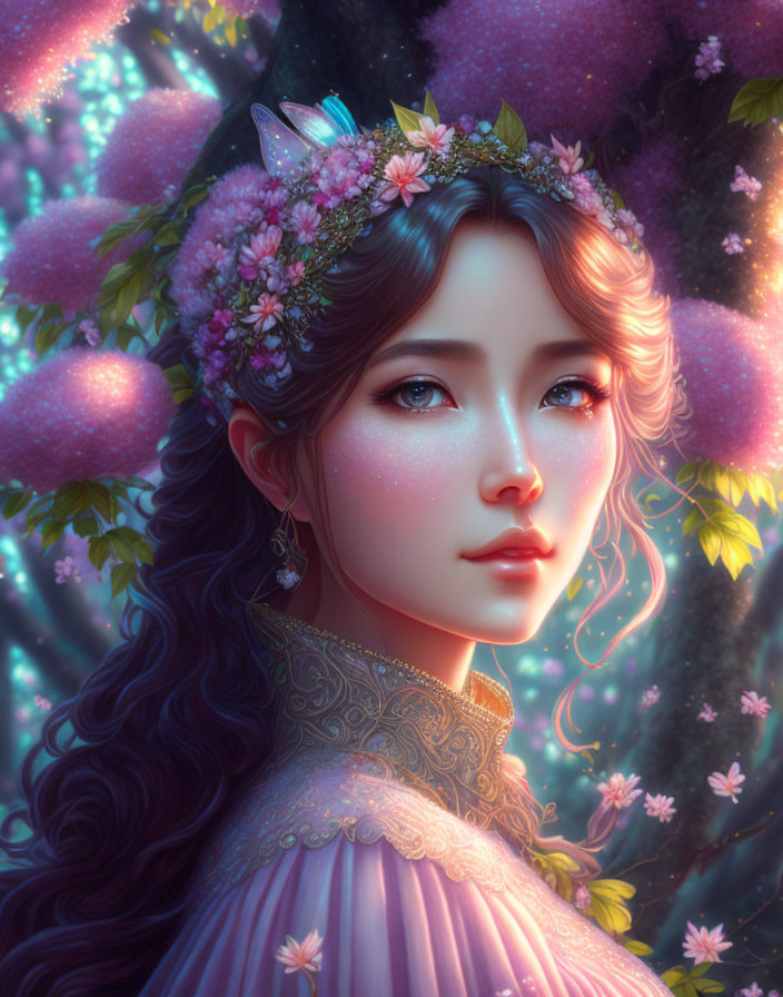 Digital artwork: Woman with floral crown, blue eyes, wavy hair, pink blossoms, glowing