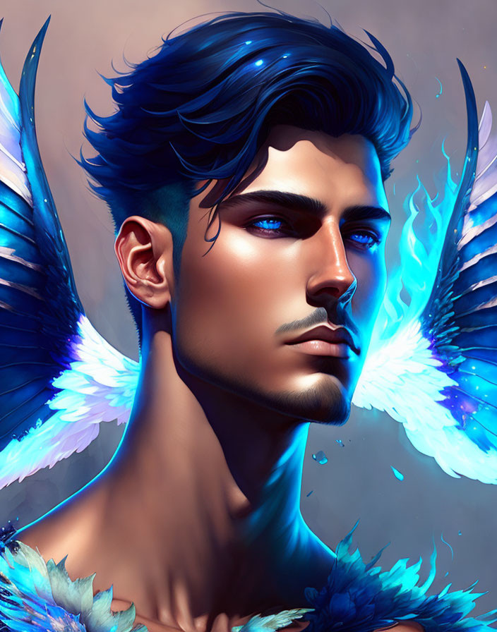 Male Figure with Blue Hair and Angelic Wings in Vibrant Blue and White