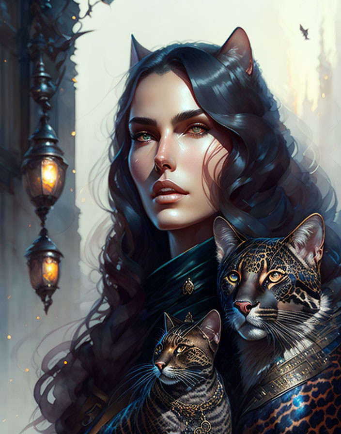 Fantasy image of woman with cat ears, intense gaze, and two patterned cats in vintage setting