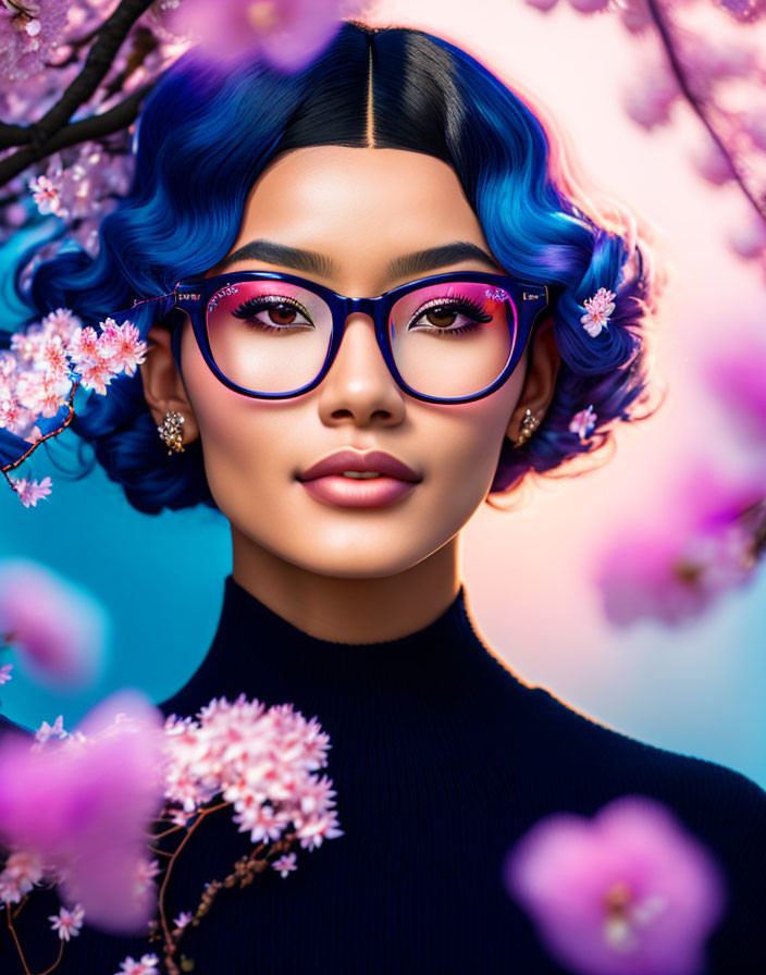 Stylish woman with blue hair and purple glasses in cherry blossom setting