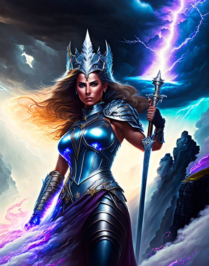 Female warrior in gleaming armor with crown and spear against stormy backdrop