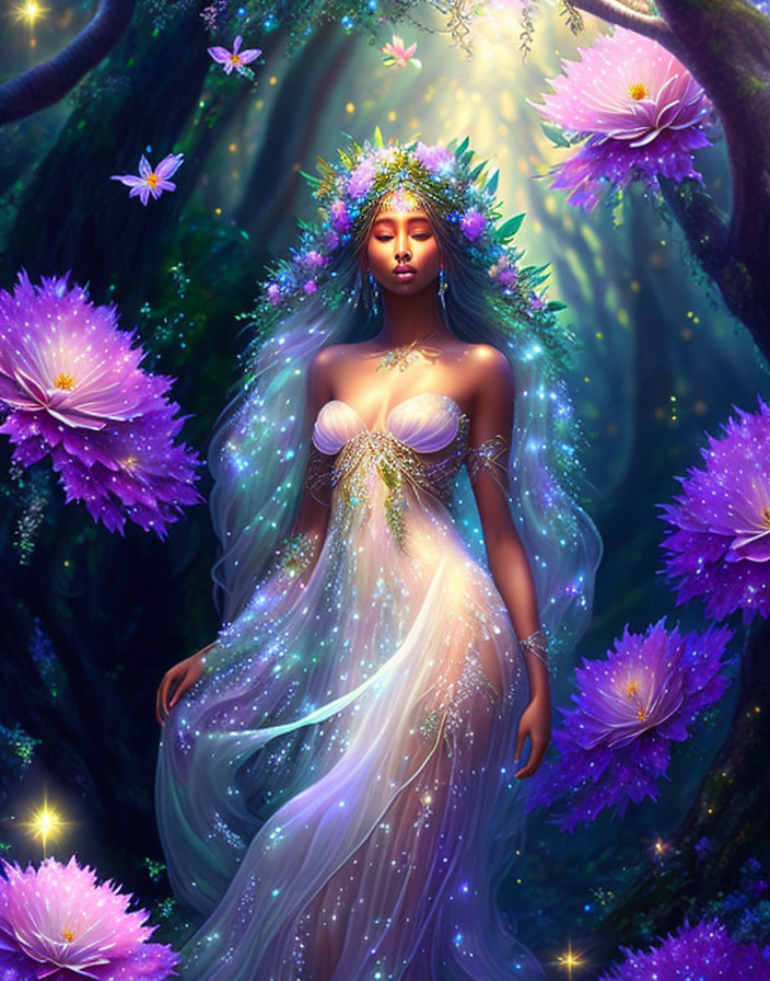 Mystical woman with floral crown among glowing purple flowers