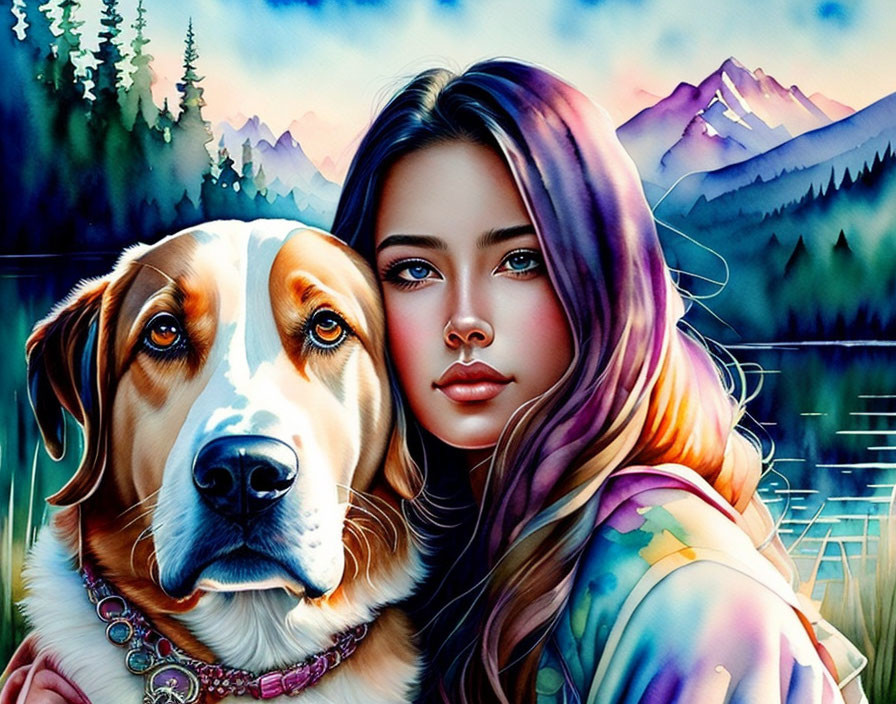 Colorful-haired woman with large dog in mountain landscape