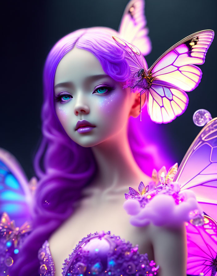 Ethereal being with lilac hair and butterfly wings art piece