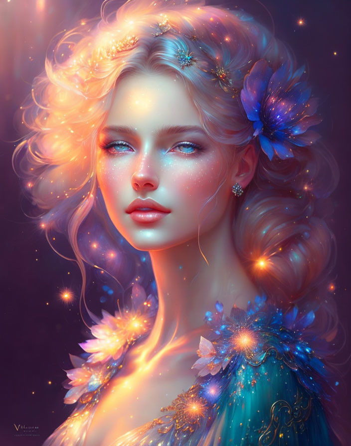 Mystical woman with glowing blue eyes and luminescent flowers in hair