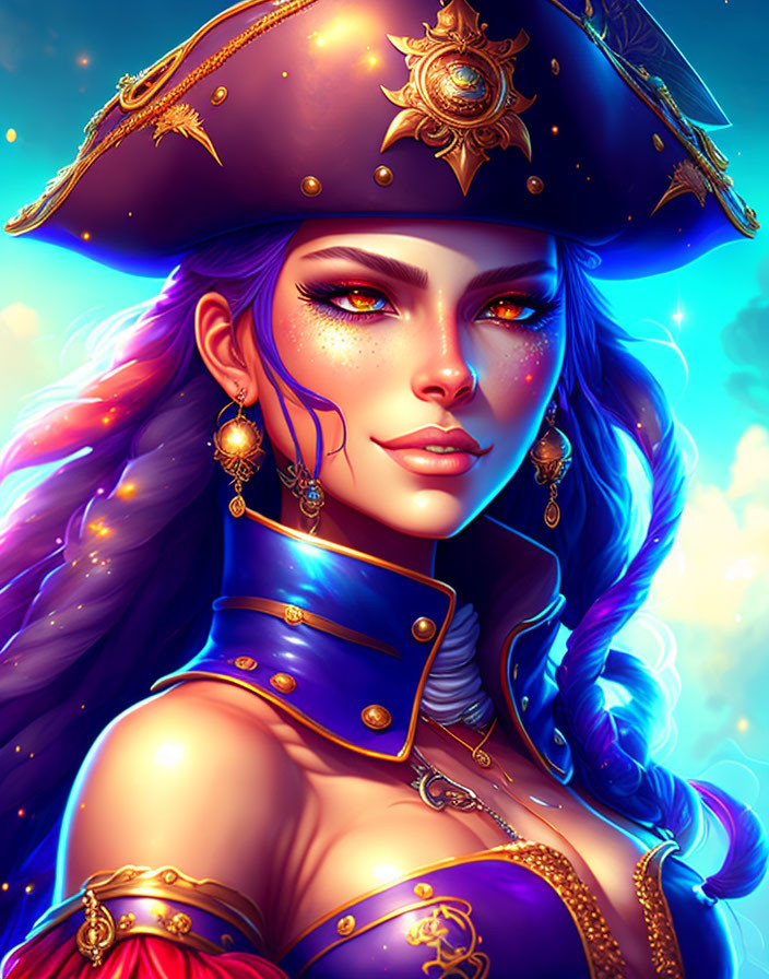 Illustration of woman with purple hair in blue and gold pirate attire