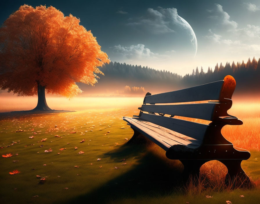 Tranquil autumn landscape with bench, orange tree, mist, and crescent moon