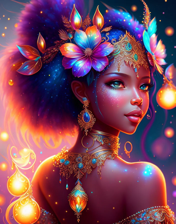 Digital portrait of a woman with blue flowers, gold jewelry, and cosmic backdrop