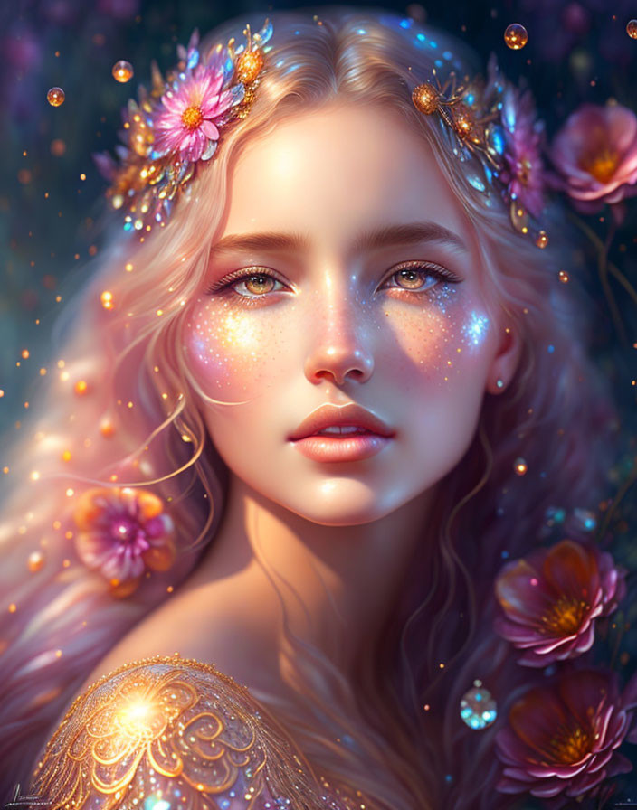 Young woman portrait with sparkling freckles and floral adornments.