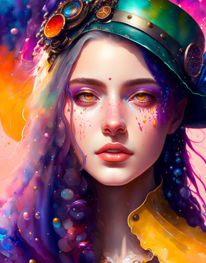 Colorful portrait of a fantasy woman with ornate hat and vibrant makeup